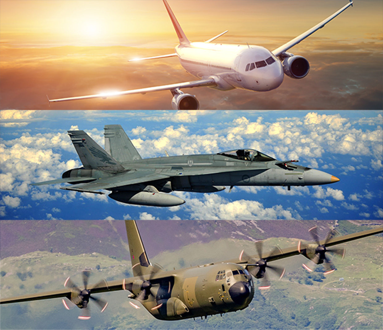 Three images of airplanes: the first is a commercial airline, the second is a fighter jet, and the third is a military cargo plane.