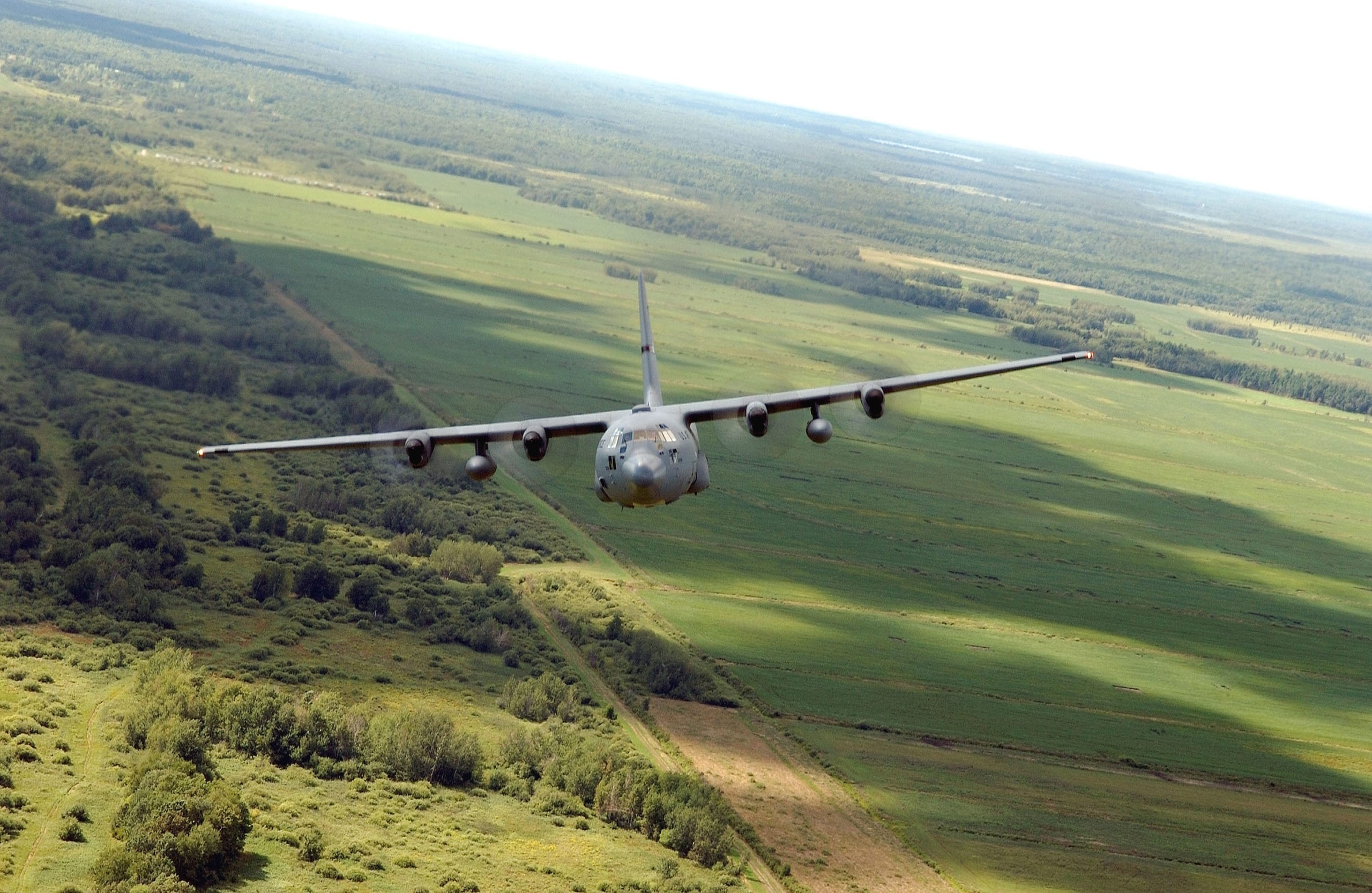 Front of a Boeing C-17 Globemaster flying over a green field.