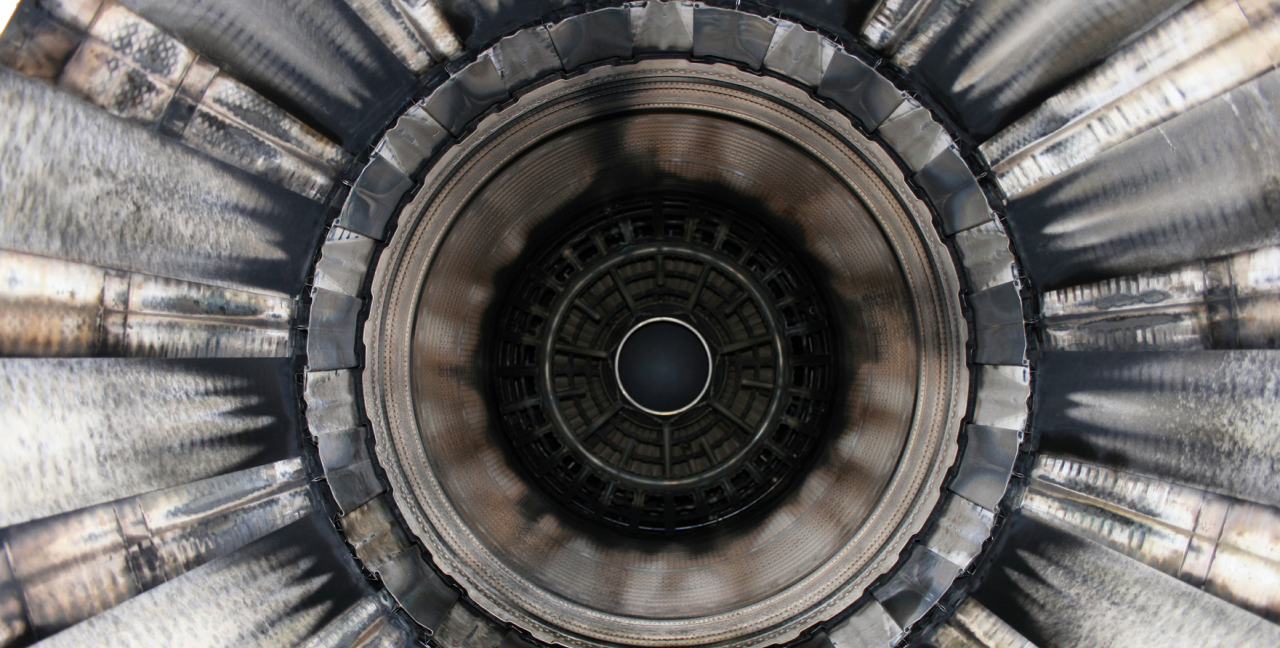 The inside of an aircraft engine.